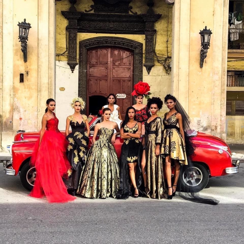 Designer Kelsy Dominick of DiDomenico with her models before the show in The National Museum of Fine Arts in Old Havana (PRNewsFoto/DiDomenico Designs)